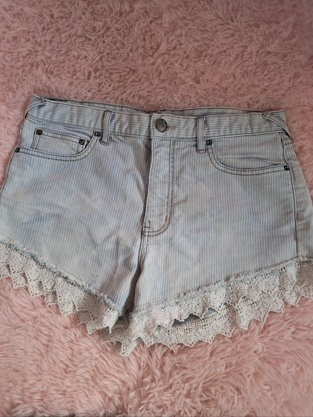 Free People Light Blue Striped Lace-Trim Denim Shorts